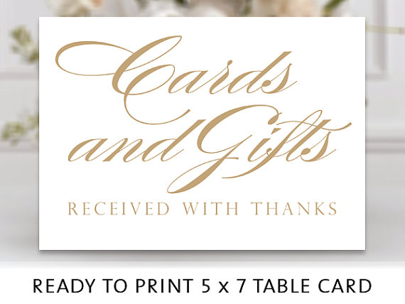 Свадьба - Cards and Gifts Sign - 5x7 sign - Printable sign in "Charming" antique gold  script - PDF and JPG files - Instant Download