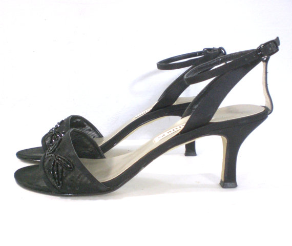 Hochzeit - Vintage 90s Shoes, Dressy Sandals, Heeled Sandals, Occasion Sandals, Black Sandals, Caparros, Beaded Sandals, Wedding Shoes, Prom Shoes, 8 M