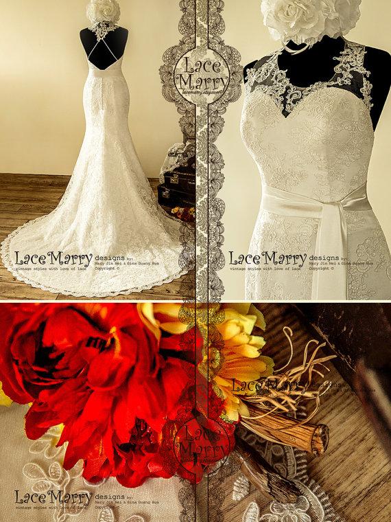 Hochzeit - Extraordinary Asymmetric Illusion Neckline Lace Wedding Dress with Chapel Train Featuring Spaghetti Straps Across V-Cut Back and Satin Sash