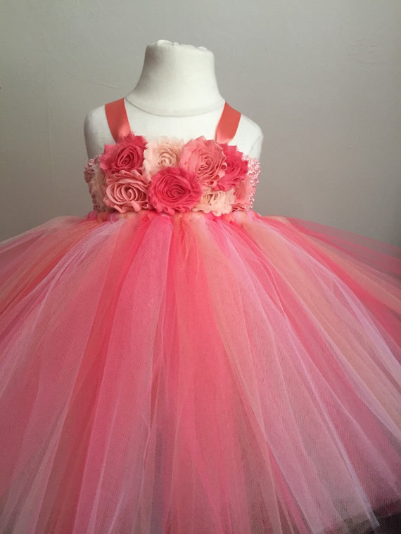 Mariage - Coral and peach flower girl dress, girls tulle dress, coral and peach girls dress, first birthday dress, coral wedding