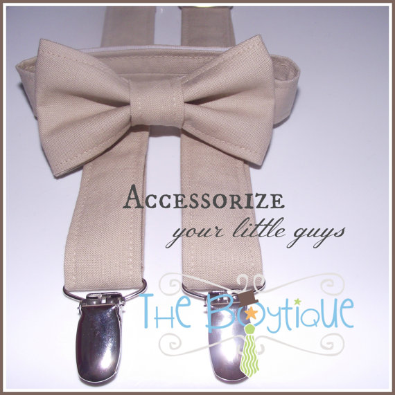 Wedding - Brown Bow Tie and Suspenders:  Tan Suspenders and Bow Tie, Light Brown, parchment, Khaki, Fall, Autumn, Winter, Rsing Bearer, Page Boy