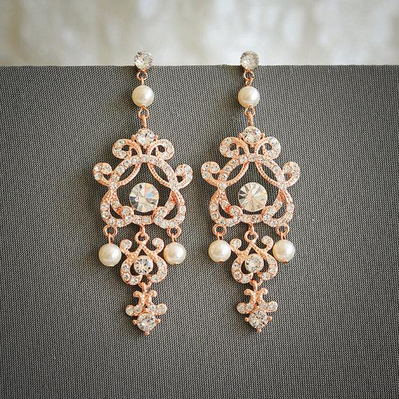 Mariage - Rose Gold Wedding Earrings, Swarovski Pearl and Crystal Bridal Earrings, Vintage Style Filigree Chandelier Earrings, Wedding Jewelry, HERA