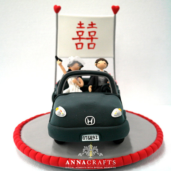 Wedding - Happy couple in car custom wedding cake topper decoration