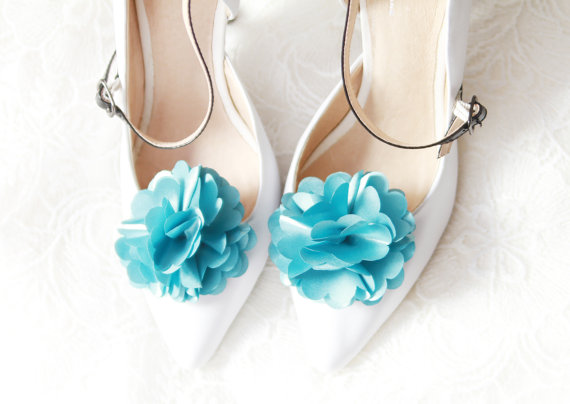 Hochzeit - Teal Satin Flower Shoe Clips - Wedding Shoes Bridal Couture Engagement Party Bride Bridesmaid