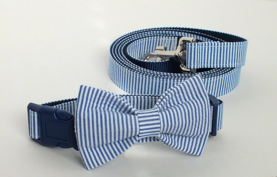 Mariage - Navy Seersucker Collar and Leash Set, Wedding Set