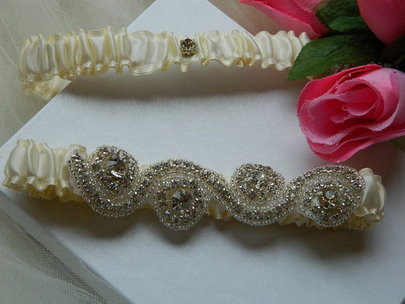 Hochzeit - Bridal garter set, wedding garter, with crystal and rhinestone trim