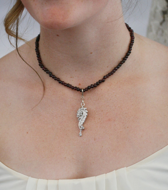 Mariage - Bridal Garnet Necklace, Made with Vintage Pieces, Wedding Jewelry, Bridal Pendant, Vintage Wedding Jewelry, Vintage Wedding Necklace