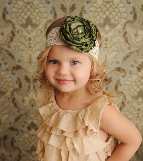 Wedding - Green Flower  (also available in other colors) Baby Headband to Adult Headband on Lace - Fabric Flower Headband