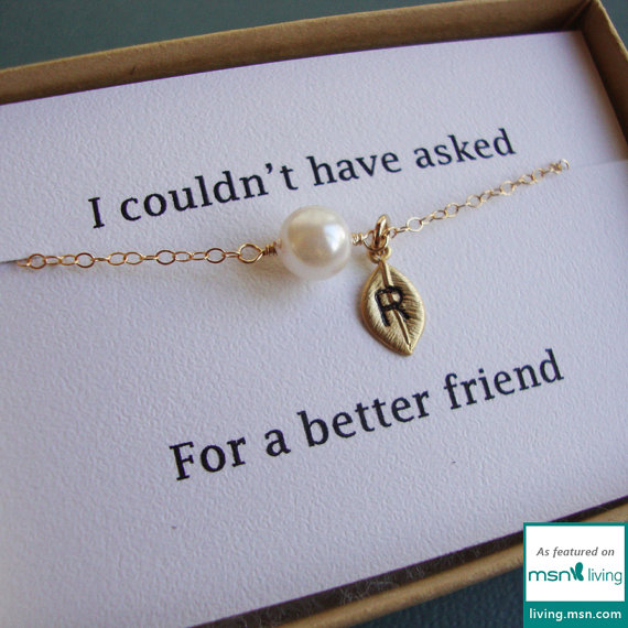 Mariage - Bridesmaid Pearl & Leaf Bracelet Card Set - FEATURED On MSN LIVING - Adjustable, Hand Stamped Initial, Wedding, Best Friend, Maid of Honor