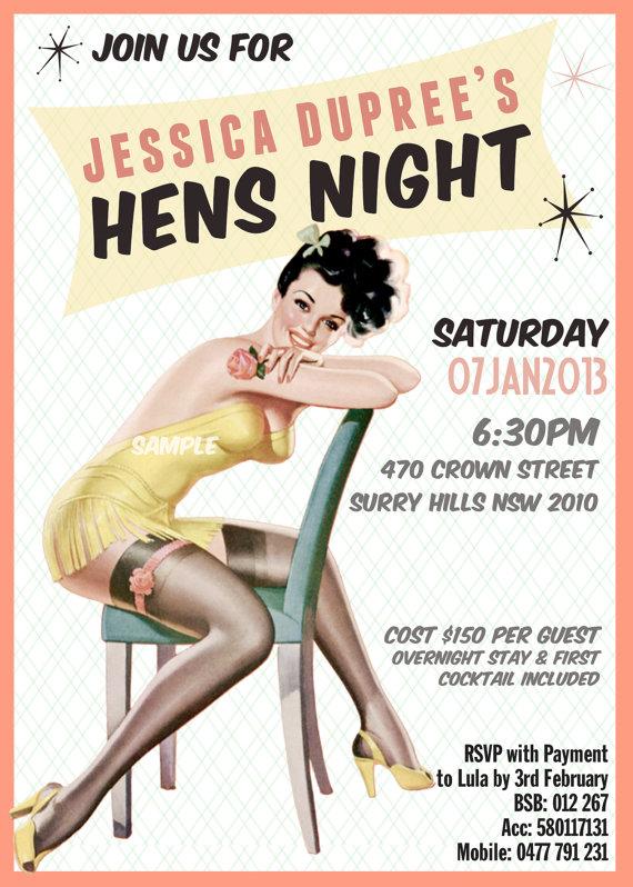 Hochzeit - Vintage Pin Up Girl  Invitation- Bachelorette party, Hens night, Lingerie Shower Birthday invite diy print file or printed optional