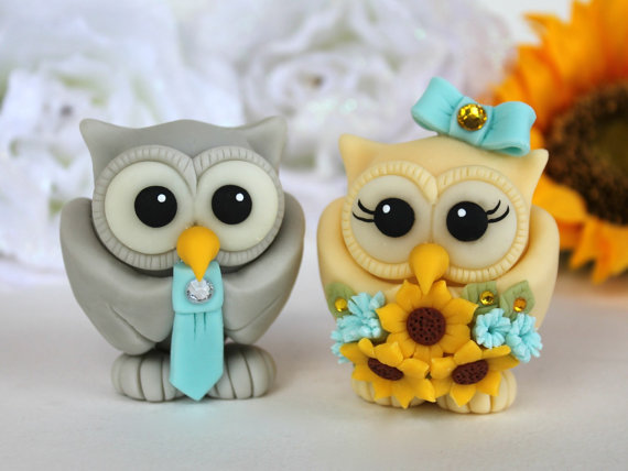 Mariage - Owl love bird wedding cake topper, cream and grey owls, turquoise wedding, sunflower bouquet