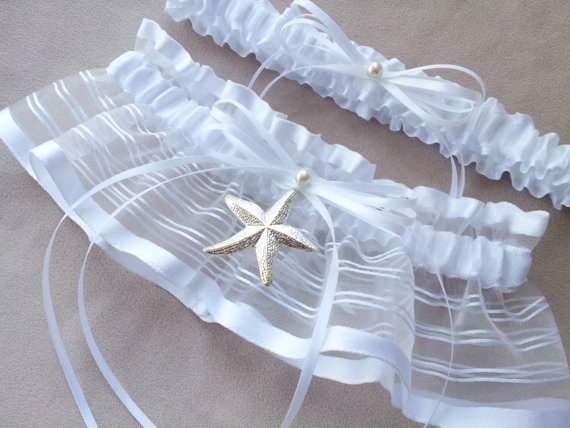 Hochzeit - Beach Wedding Garter Starfish Garter Set White Sheer Organza White Satin Wedding Bridal