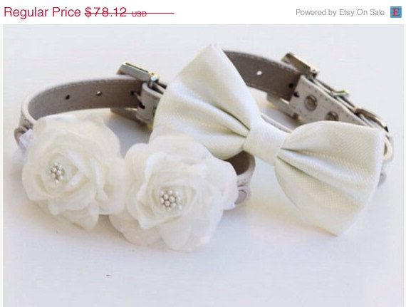 زفاف - White Wedding Dog Collars -Two Chic  Wedding Dog Collars, white dog bow tie and Floral Dog Collar