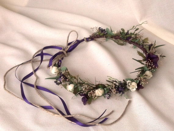 Mariage - Purple dried Flower Crown Woodland fairy headwreath Wildflower garland Bridal hair piece headband 2015 Wedding Accessories silk wreath