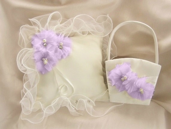 Hochzeit - Flower Girl Basket and Pillow - Lavender Rose Blossom Ivory Ring Bearer Pillow, Flower Girl Basket Vintage CUSTOM COLORS  too Wedding Pillow