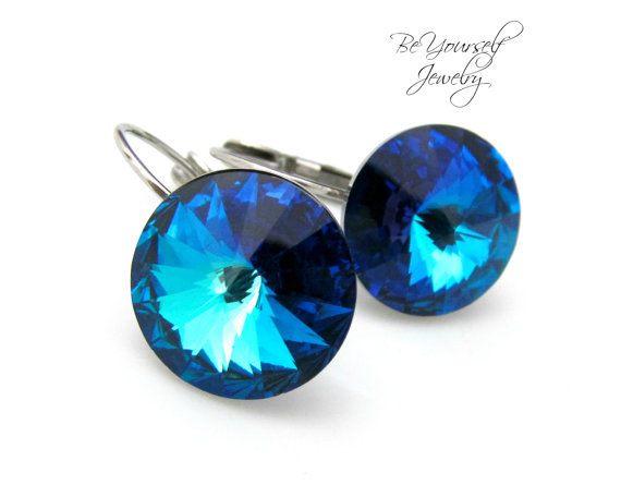 Wedding - Bermuda Blue Earrings Crystal Rivoli Earrings Peacock Jewelry Bridesmaid Gift Wedding Jewelry Hypoallergenic Stainless Steel Something Blue