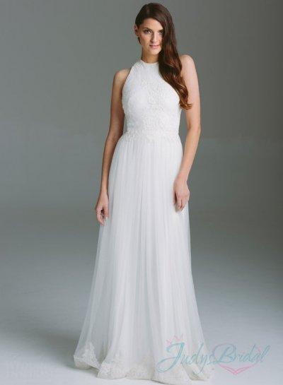 زفاف - Elegant high neck sheer illusion back flowy chiffon wedding dress
