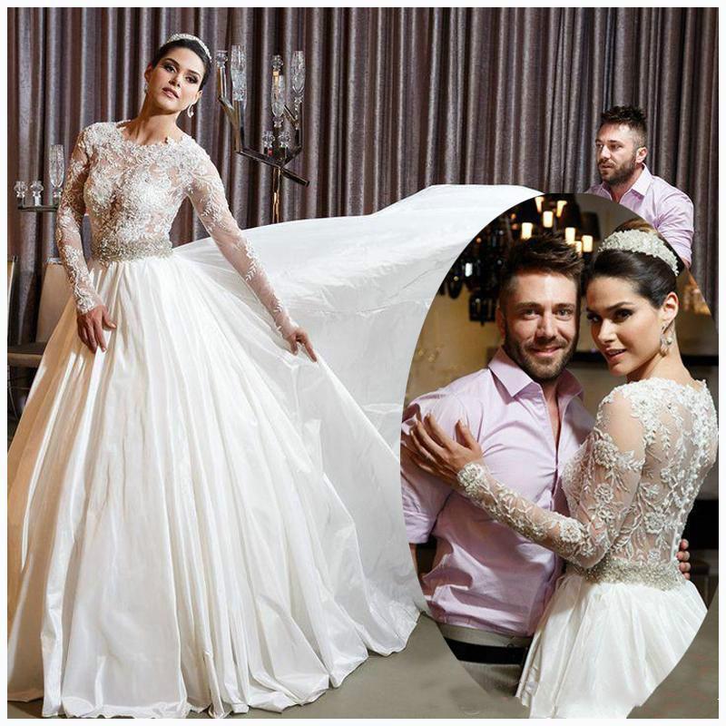 Свадьба - Glamourous 2015 Spring Long Sleeves Ball Gown Wedding Dresses Lace Sheer Appliques Beads Crystal Sheer Bridal Gowns Taffeta Custom Arabic Online with $144.19/Piece on Hjklp88's Store 