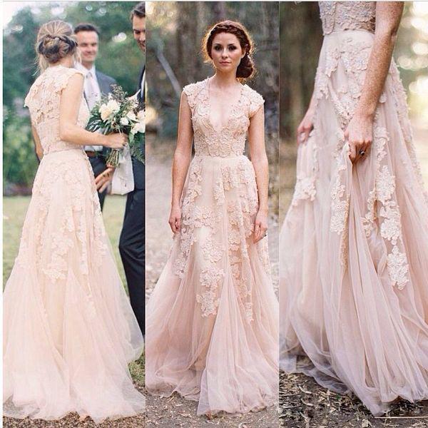 Wedding - 2015 Vintage 2014 Lace Wedding Dresses Champagne Sweetheart Ruffles Bridal Gown Cap Sleeve Deep V Neck Layered Reem Acra Lace Bridal Gowns Online with $106.43/Piece on Hjklp88's Store 