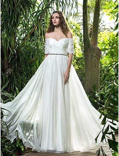 Mariage - Princess 2015 A-Line Wedding Dresses Off the Shoulder Chiffon Long Bead Ball Gown Bridal Vestidos De Noiva Short Sleeve Pleated Floor Length Online with $121.94/Piece on Hjklp88's Store 