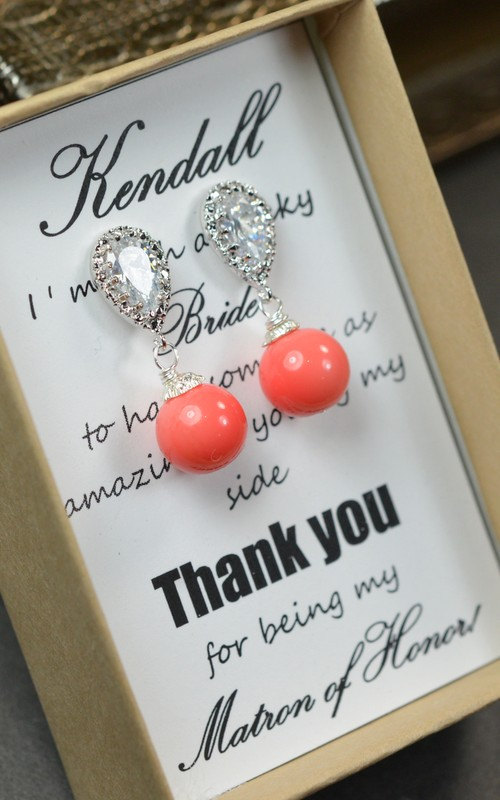 Hochzeit - Pink coral earrings,Wedding Jewelry Bridesmaid Gift Bridesmaid Jewelry Bridal Jewelry coral pink Pearl Drop Earrings Cubic Zirconia Earrings
