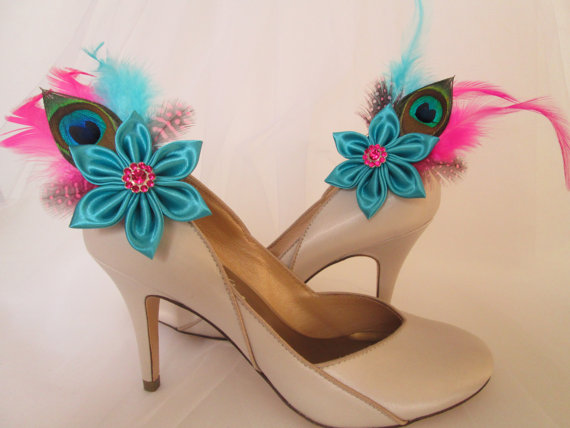Wedding - Wedding Shoe Clips Turquoise Teal Blue, Peacock Shoe Clips for Bride, Pink Feather Bridal Shoe Accessories, Kanzashi Flower Shoe Clips