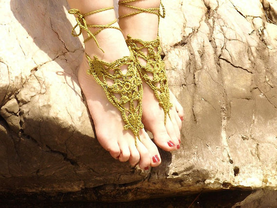 Hochzeit - Crochet Olive Barefoot Sandals, Nude shoes,  Foot jewelry,Wedding, Victorian Lace, Sexy, Yoga, Anklet , Bellydance, Steampunk, Beach Pool