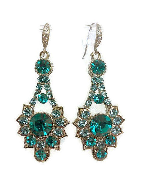 Hochzeit - Teal Green Bridesmaid Earrings, Peacock Wedding, Art Deco Bridal Earrings, Geometric Swarovski Jewelry, RAYS