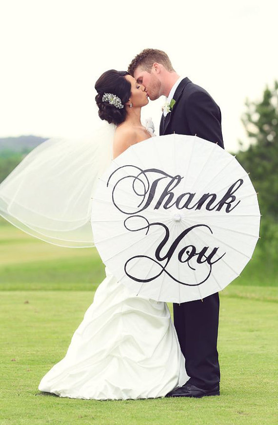 Свадьба - Wedding Personalized Custom Thank You Parasol Hand Painted Umbrella White Ivory Parasol Ceremony Decor Photo Prop Just Married Sale