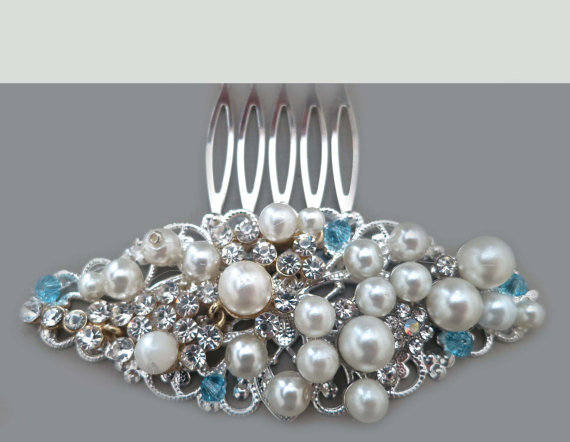 Mariage - Bridal Hair Comb Pearl, Blue Wedding Hair Accessories, Vintage Style Bridal Comb, Pearl Rhinestone Crystal Comb