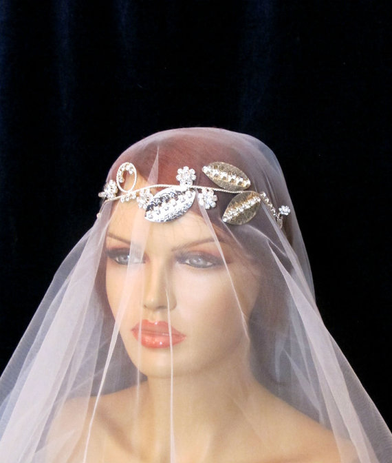 Hochzeit - Silver Color Rhinestone Beaded  Bridal Leaf Head band Greek Inspired Wedding Accessories Headpiece Head Piece