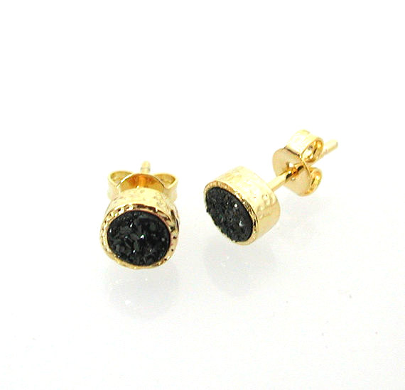 Wedding - Black Friday Special Sale- Black Druzy  Stud Earrings - Gold Plated Round Earrings Set With Druze Stones