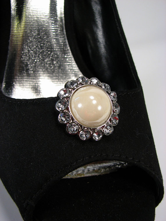 زفاف - Shoe Clips Ivory 'Pearl' and White Rhinestones Round Wedding Jewelry for your Shoes