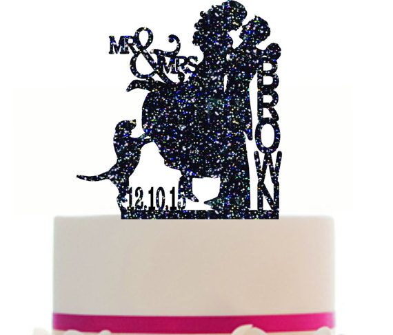 Wedding - Custom Wedding Cake Topper , Couple Silhouette and any Dog of your choise with free base for display.after the event