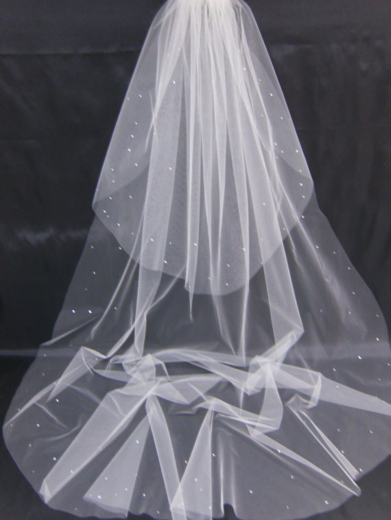 Свадьба - Swarovski Crystal Rhinestone Edged Sheer 105 Inch Long Cathedral Length Veil with Blusher