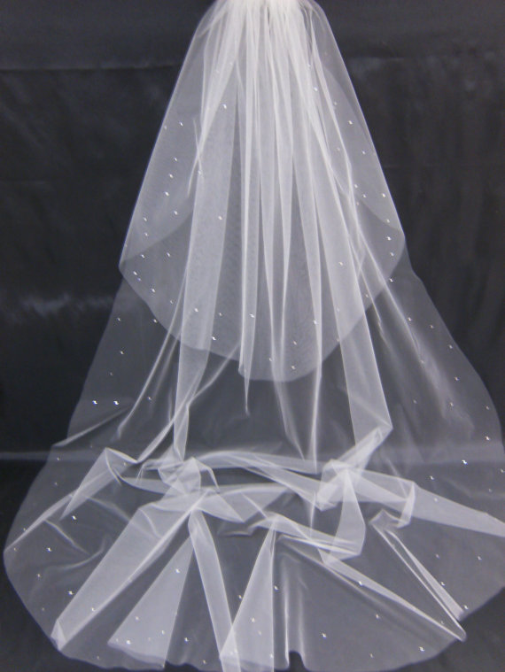 Hochzeit - Swarovski Crystal Rhinestone Edged Sheer 105 Inch Long Cathedral Length Veil with Blusher