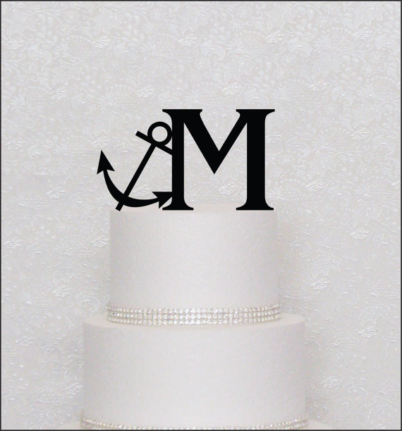 Свадьба - Anchor with Initial Monogram Wedding Cake Topper in Black, Gold, or Silver