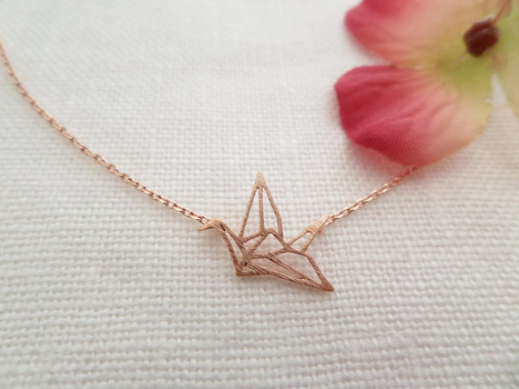 Wedding - Rose gold origami crane necklace...dainty necklace, everyday, simple, birthday gift, wedding, bridesmaid gift