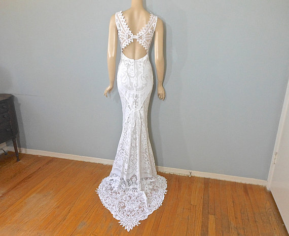 Hochzeit - Lace Mermaid WEDDING Dress Hippie BoHo wedding dress WHITE Wedding Gown Beach Wedding Dress Sz Small