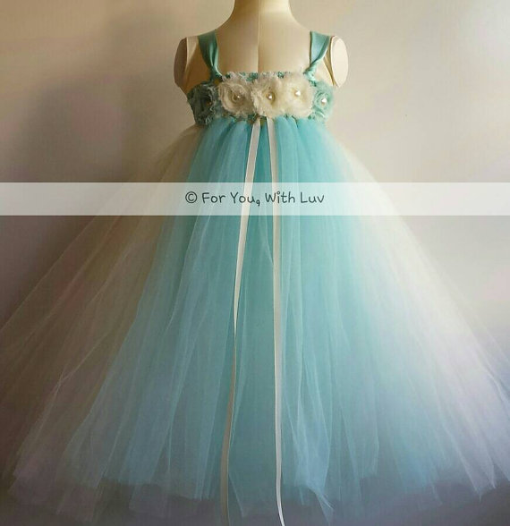 زفاف - Aqua and ivory / cream flower girl dress, birthday dress, princess dress, special occasion dress.
