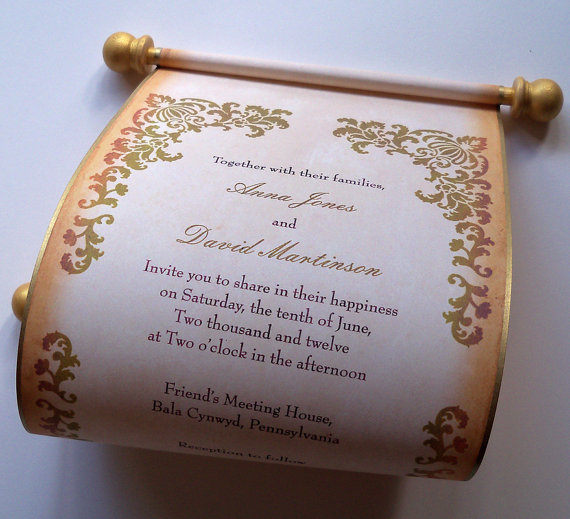 زفاف - Wedding invitation scroll,with aged damask border, vintage medieval inspired, metallic gold accents, set of 10
