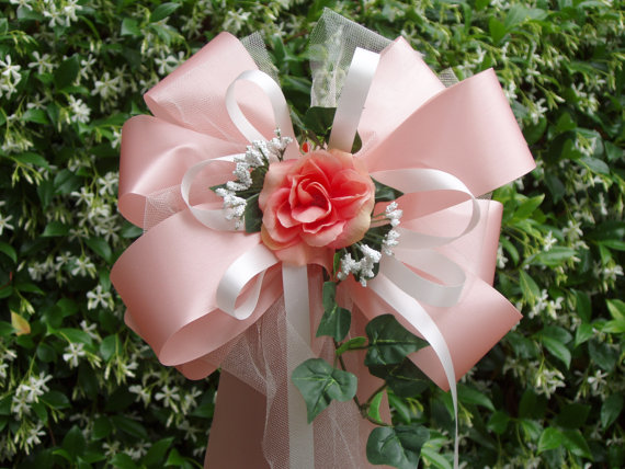 زفاف - 10 Peach Ivory Coral Rose Pew Bows Wedding Decorations Aisle Arch Chair Bridal