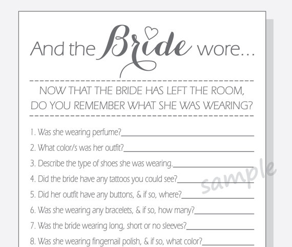 Hochzeit - DIY And the Bride wore... Printable Cards - Bridal Shower Game - Calligraphy Design - clear, red, purple or pink heart
