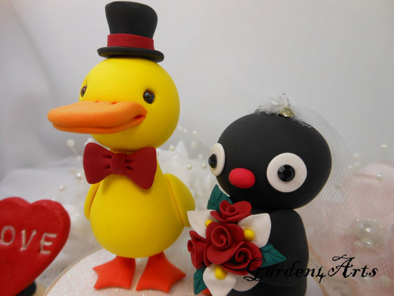 Hochzeit - Custom Wedding Cake Topper--Love Yellow Duck & Penguin  with circle clear base