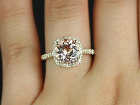 Hochzeit - Barra 9mm Princess Size 14kt Yellow Gold Morganite and Diamonds Cushion Halo Engagement Ring (Other metals and stone options available)