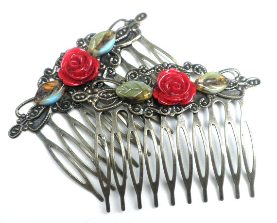 Mariage - Hair Jewelry,Red Rose, Antiqued Brass, Hair Combs,Red Rose Combs, Flower Hair Jewelry,Wedding Accessories,Vintage Elegance,Brides Maid Gift
