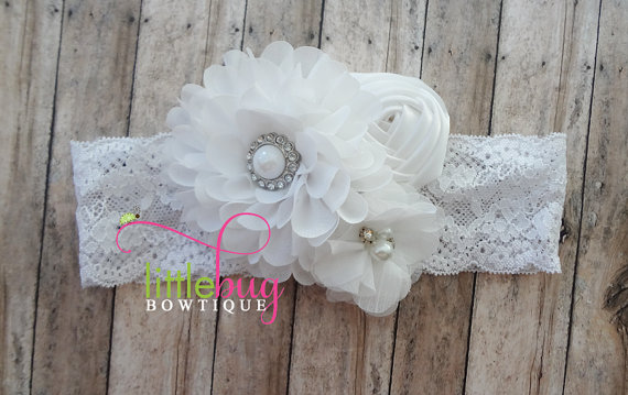 Hochzeit - Wedding White Chiffon Flower - Rhinestone Pearl Button - Satin Rose on Lace Elastic Headband For Newborns, Girls, Toddlers, Babies, Teens