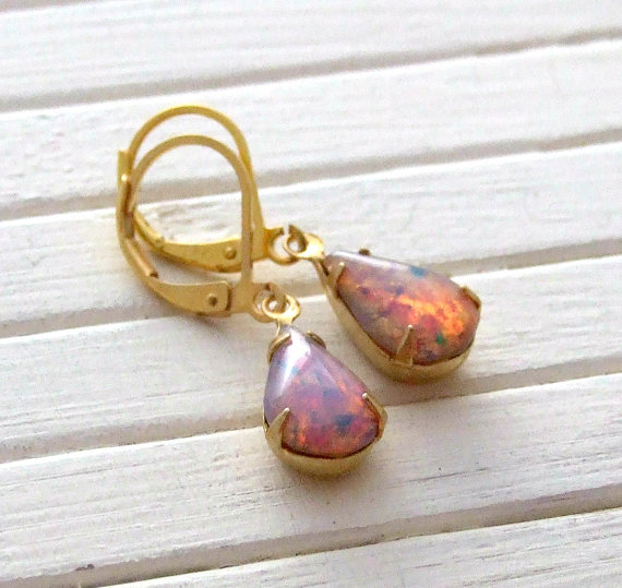 Wedding - Fire Opal Earrings .. opal drop earrings, opal earrings, vintage glass earrings,  wedding jewellery