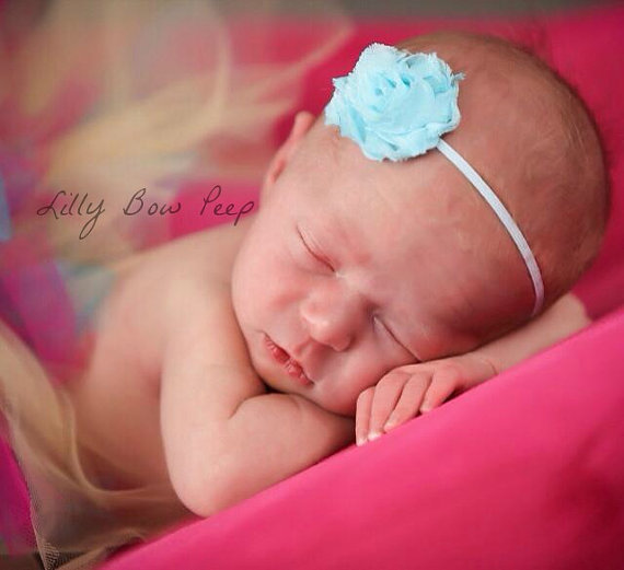 Hochzeit - Valentines Day Blue Shabby Flower Headband-Baby Girl-Preemie-Newborn-Infant-Toddler-Child-Photography Prop-Birthday-Wedding-Baptism-Pretty
