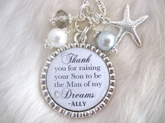 Wedding - MOTHER of the GROOM Gift, Thank you for raising the Man of my Dreams pendant necklace Beach Jewelry Bottle cap Thank you Gift Wedding Gift